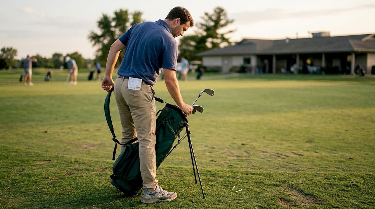 Beginner golfer choosing golf club on practice green