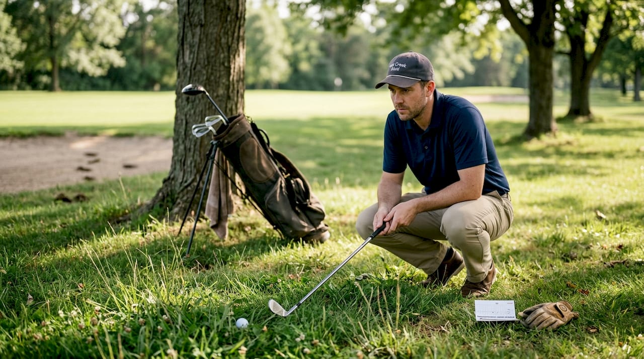 Golfer studies ball as it lies off fairway