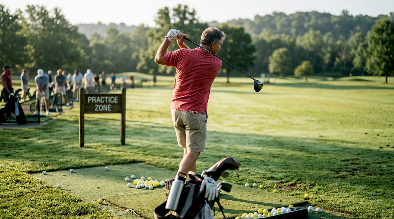 Golfer practicing swing at driving range