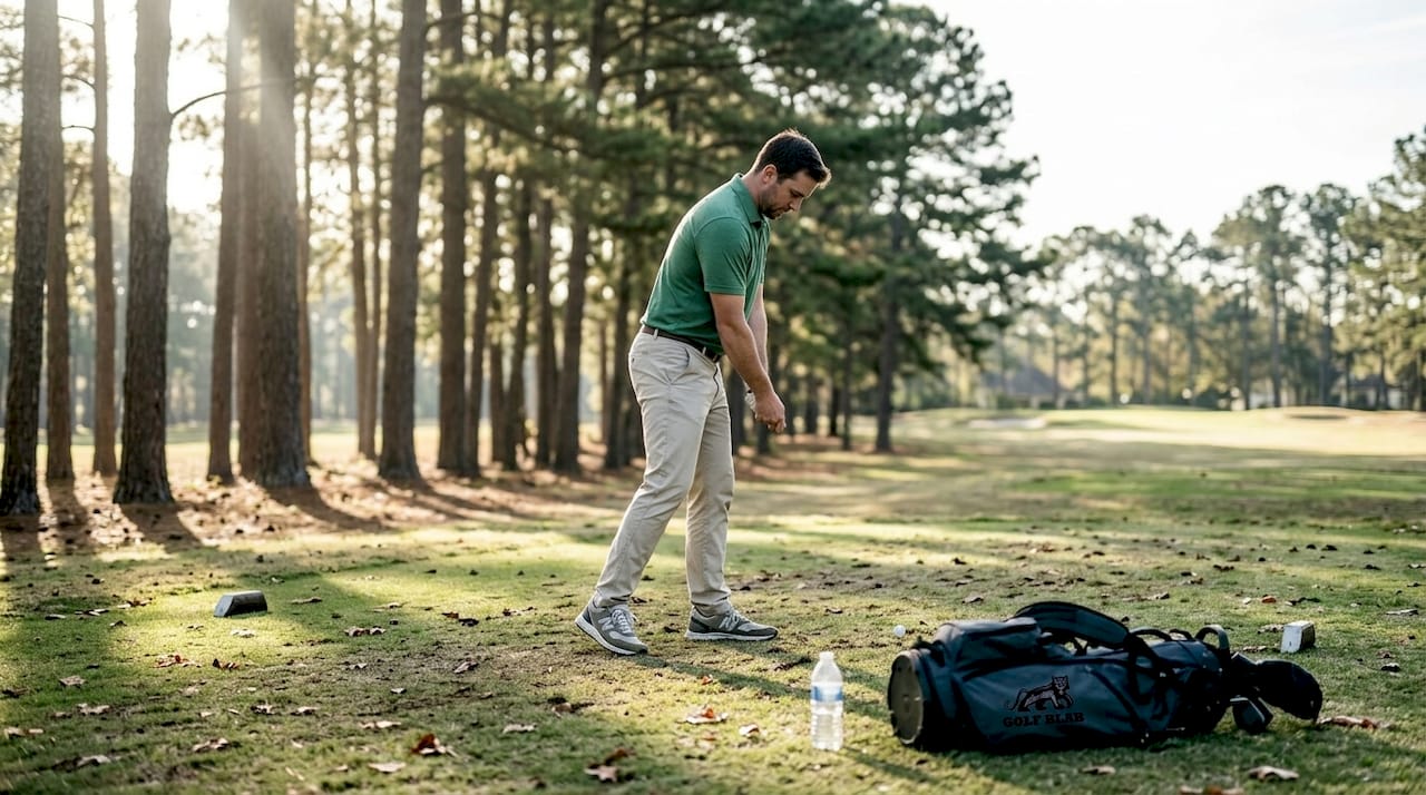 Golfer preparing stance on course tee
