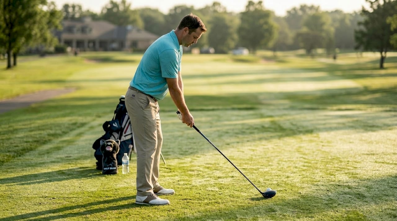 Golfer preparing tee shot on fairway