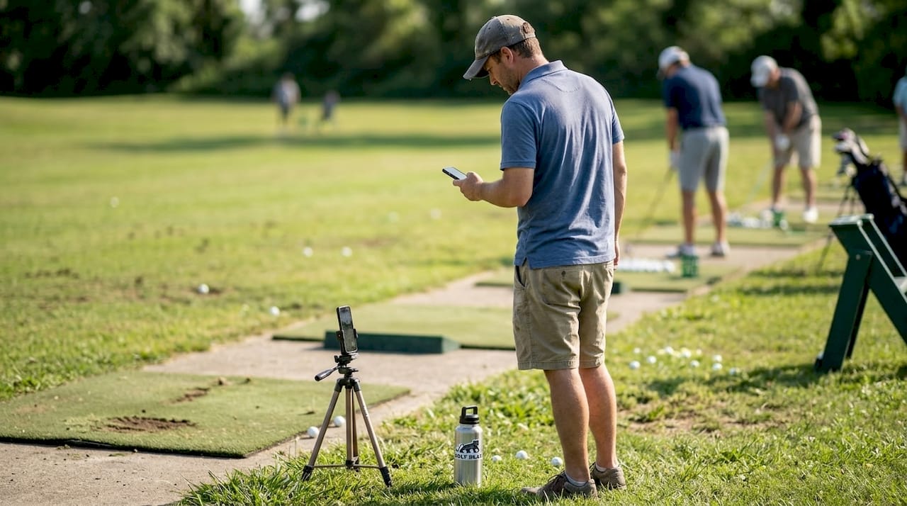 Golfer reviewing recorded swing at driving range