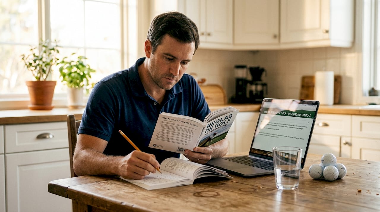 Un hombre repasando las reglas del golf sentado en la mesa de la cocina.