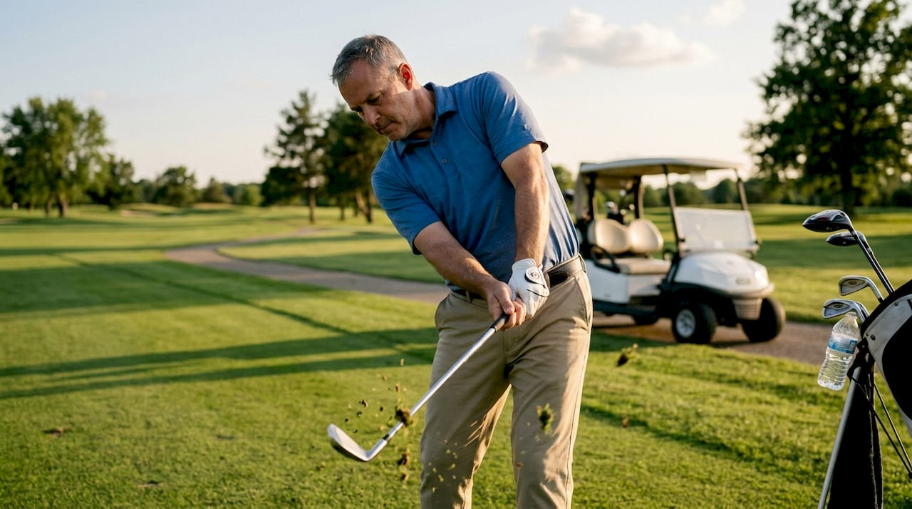 Un golfista realiza un golpe con el hierro desde la calle