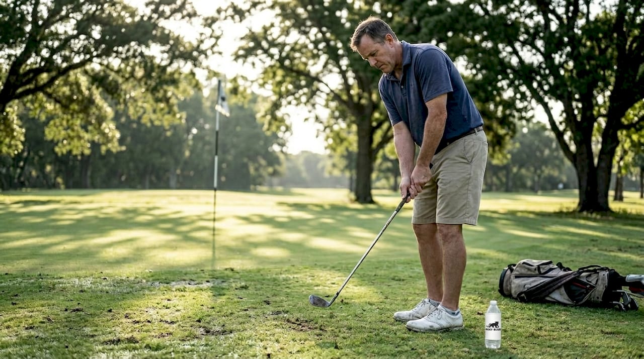 Golfer practicing chip shot near green