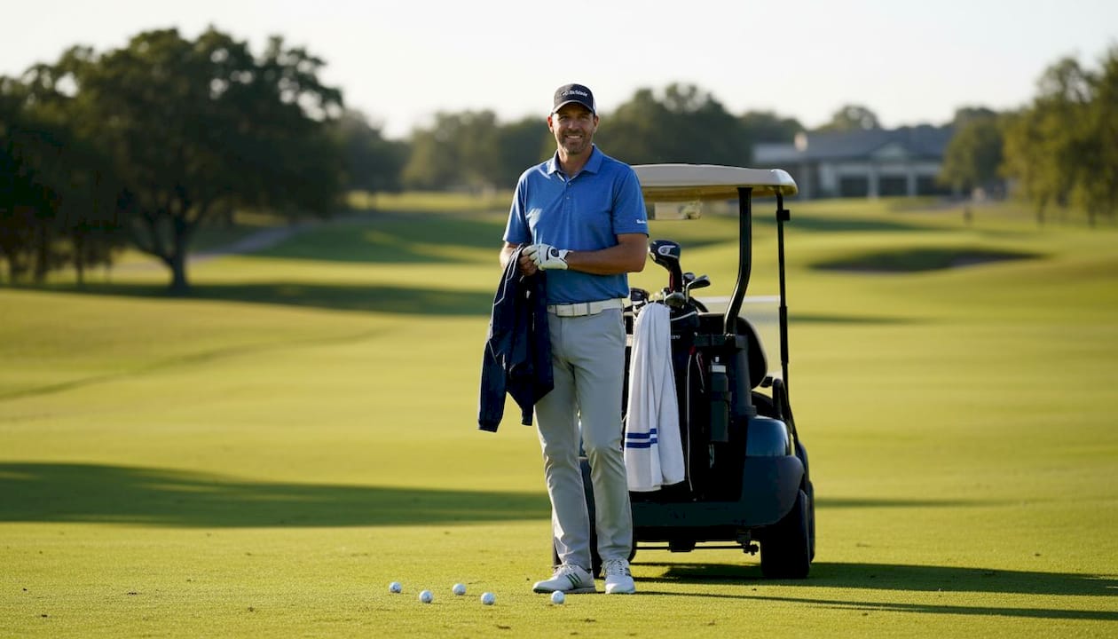 Un golfista se acomoda la ropa junto al carrito de golf.