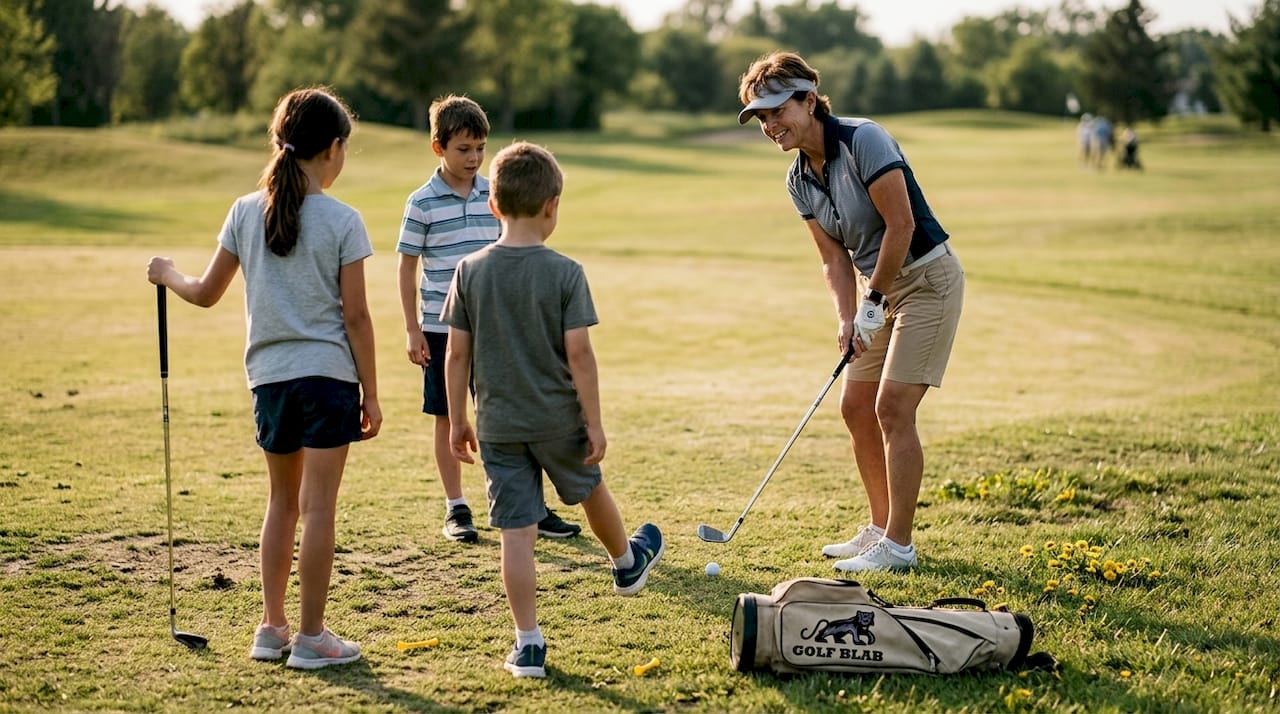 Junior golfers listening to instructor outside