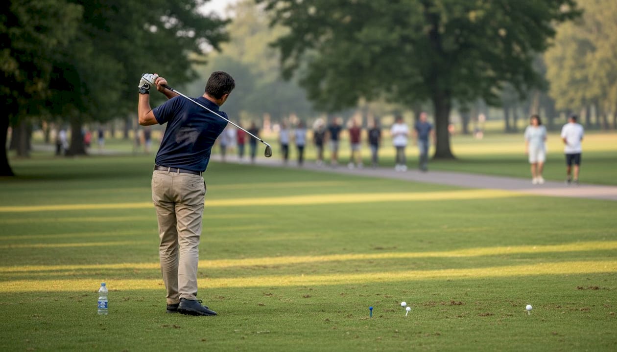 Persona entrenando su swing de golf en un parque público