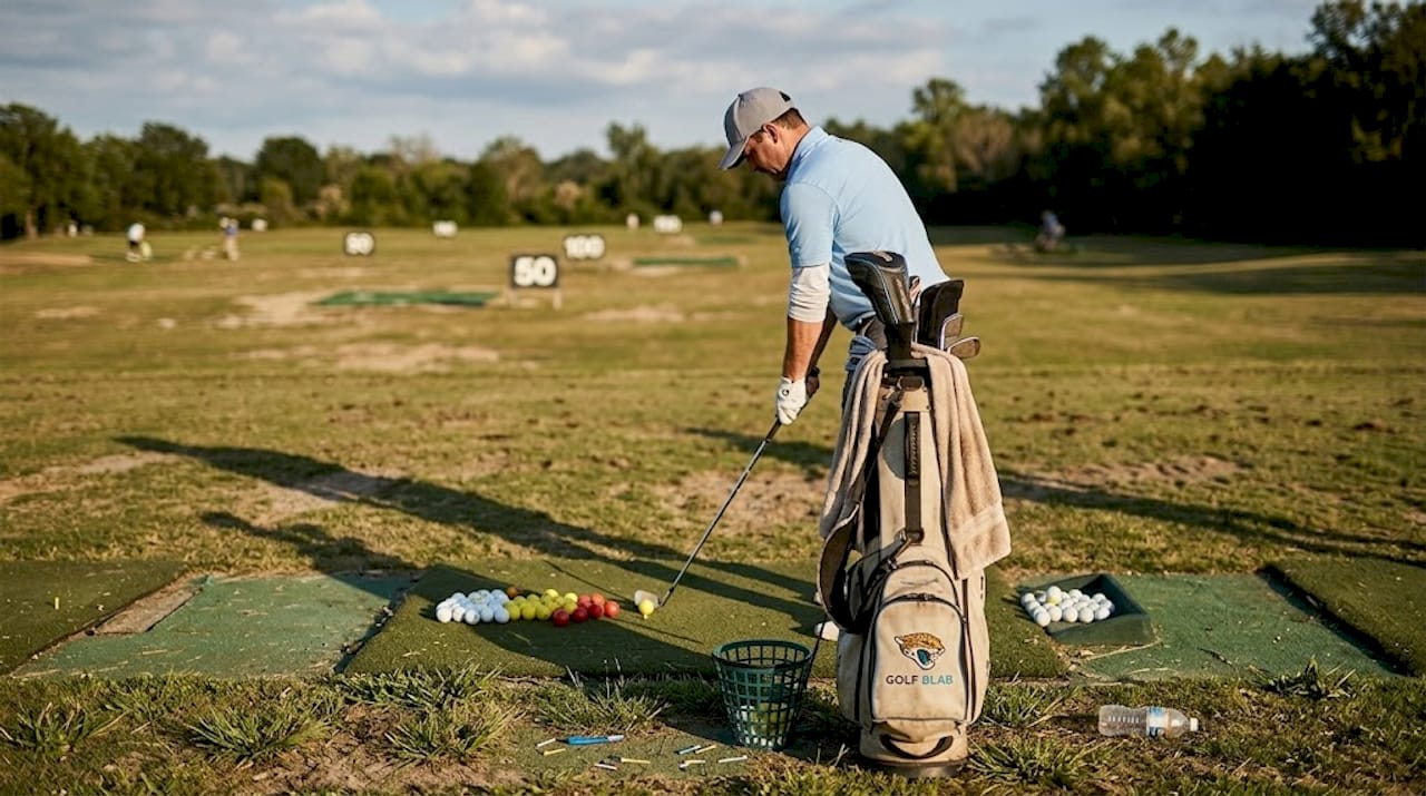 Golfer practicing at driving range at sunset