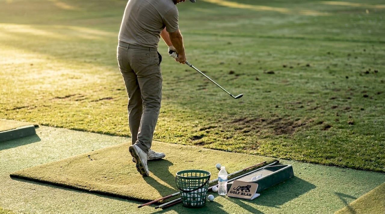 Golfer practicing swing plane at driving range