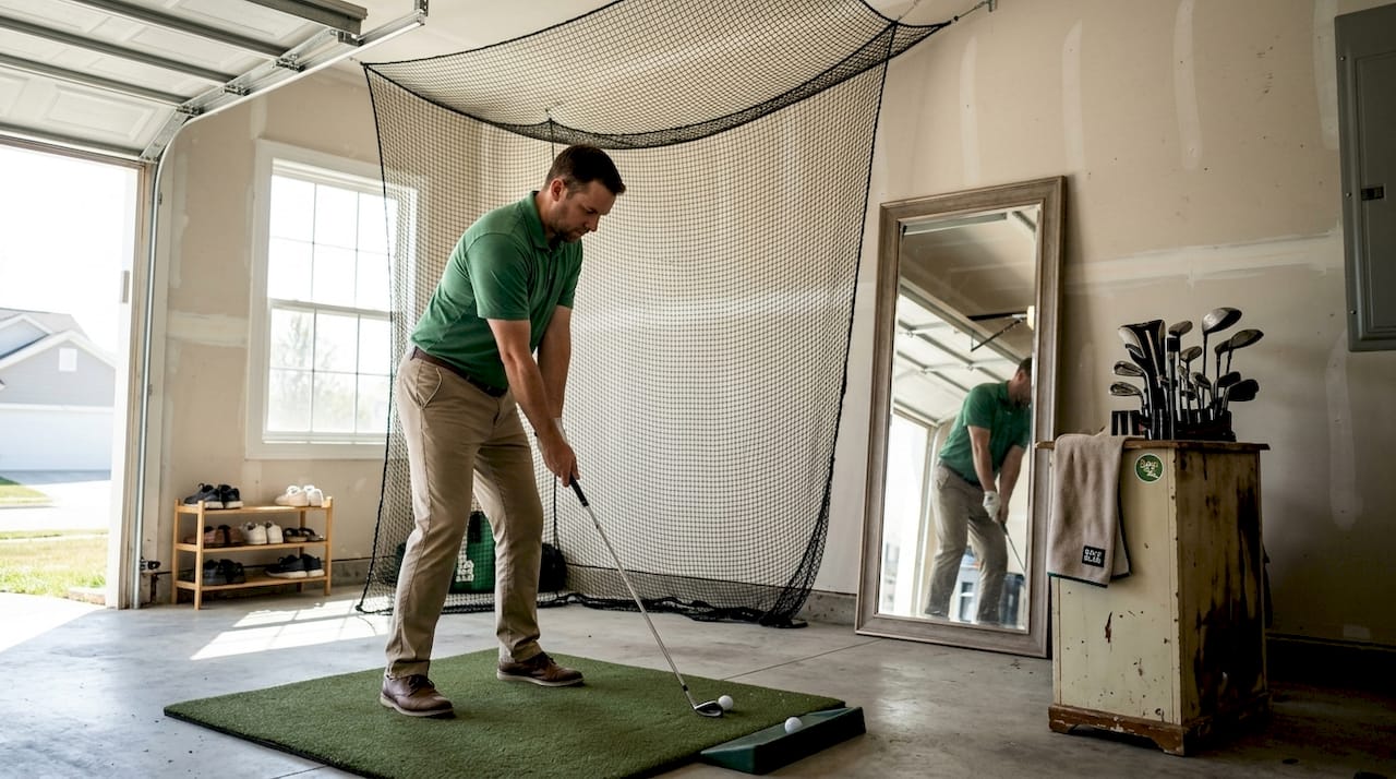 Man practicing golf swing in home garage setup