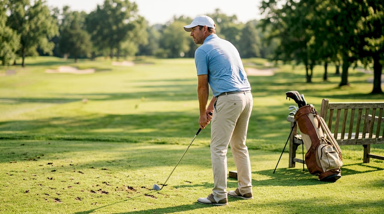 Jugador de golf preparándose para golpear desde el tee