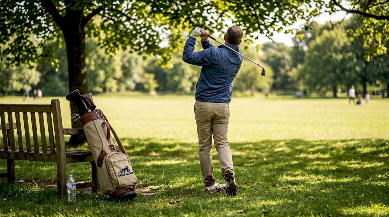 Golfer practicing swing on park grass