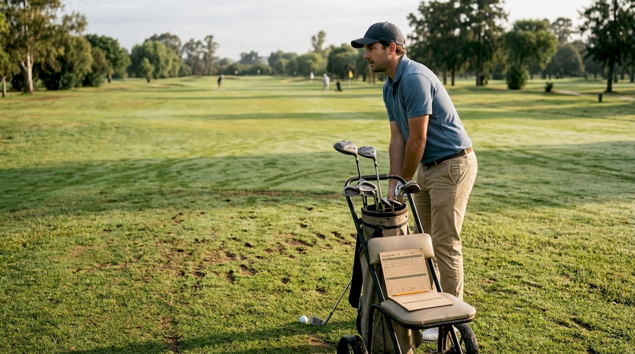Jugador principiante acomodándose para golpear la bola en el campo de golf