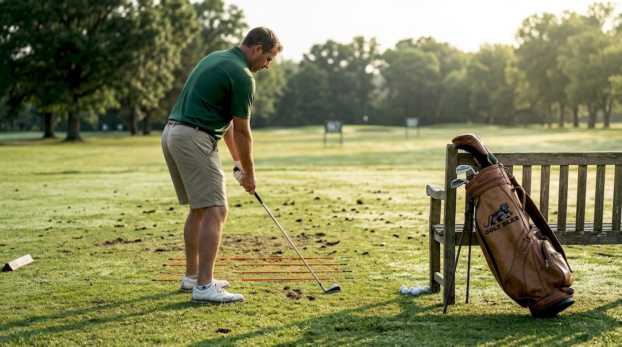Golfer aligning stance on practice range