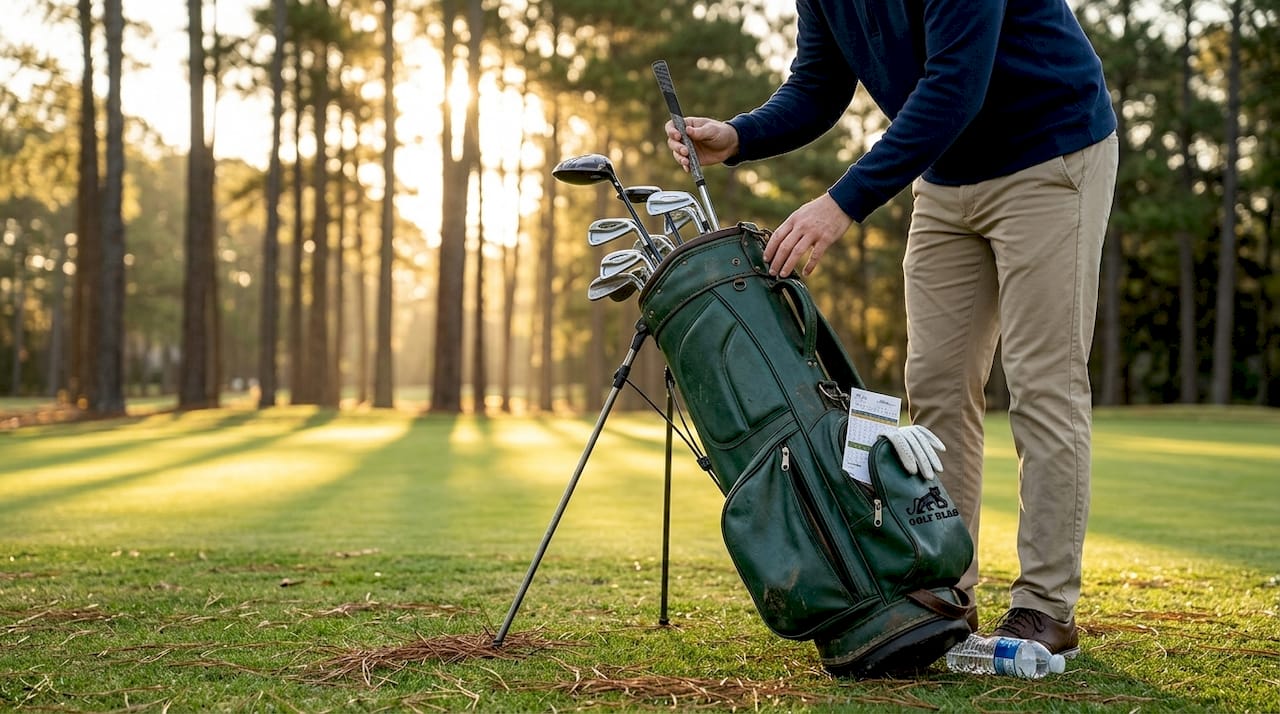 Complete golf club set beside putting green