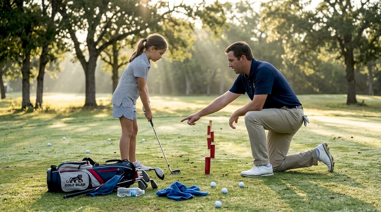 Coach instructing junior golfer during lesson