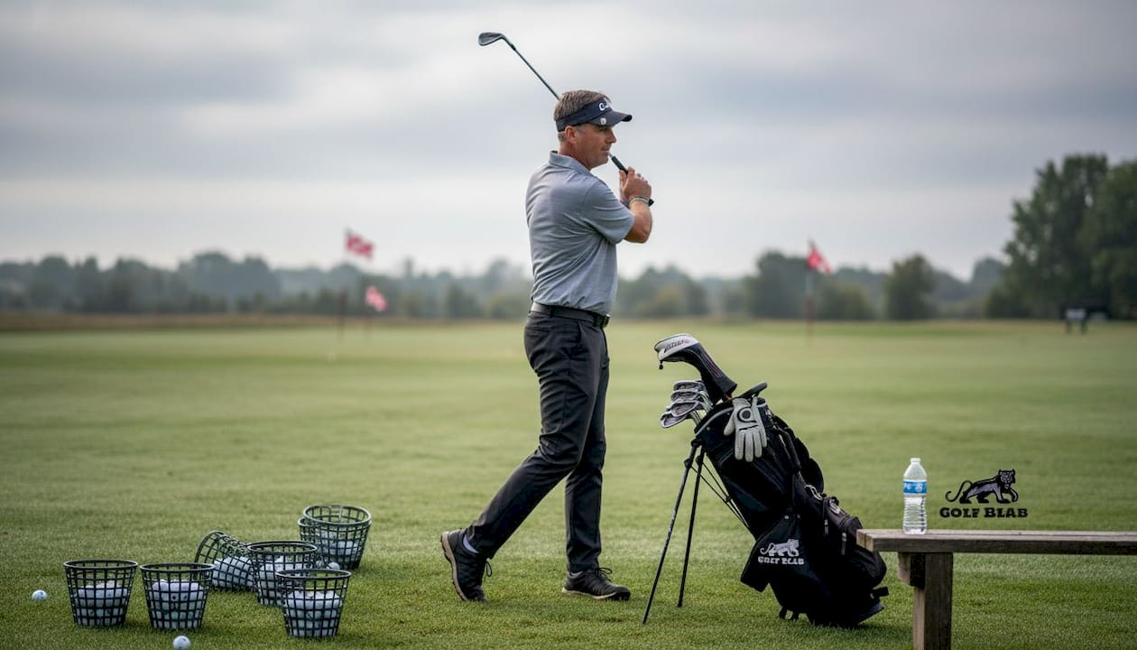 Golfer practicing at damp driving range morning