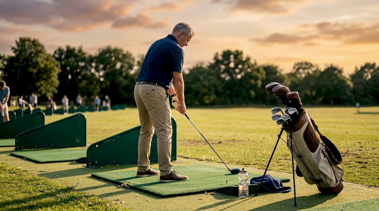 Un golfista se prepara ajustando su postura sobre la alfombra del campo de prácticas.