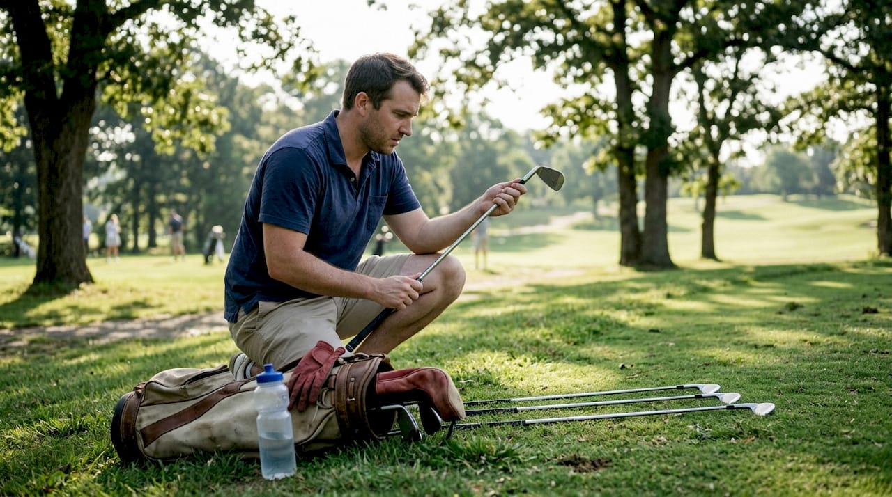 Un jugador que acaba de empezar en el golf elige qué palo sacar de la bolsa antes de su próximo golpe.