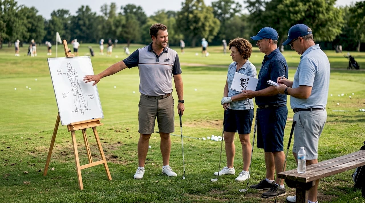 Golf instructor teaching group by practice green