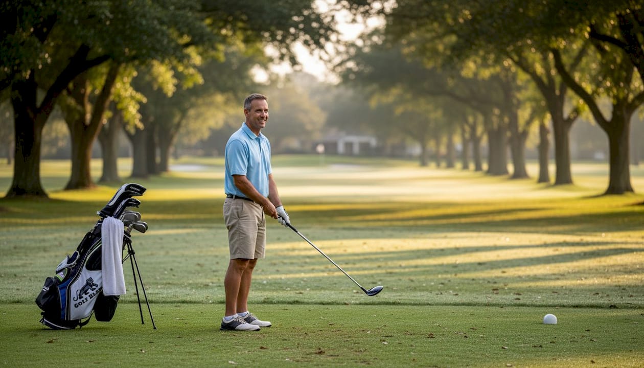 Golfer watching golf ball launch off tee
