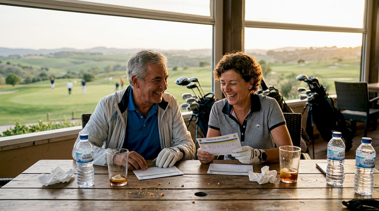 Después de terminar la partida, los golfistas disfrutan de una conversación tranquila mientras se relajan.