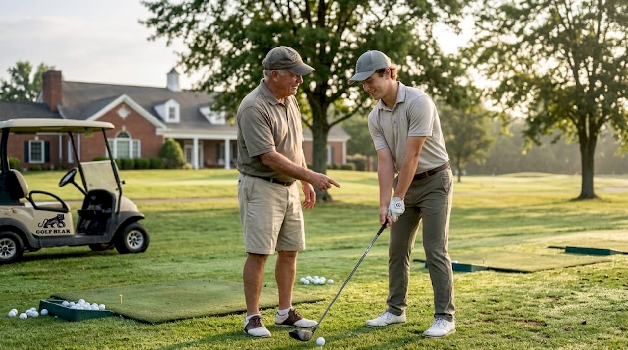 Golf pro teaching stance on practice range