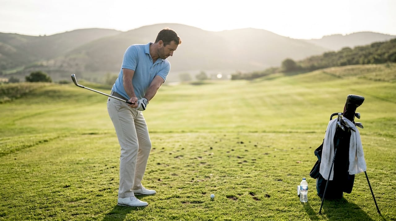 Un golfista perfecciona su swing al salir el sol en el campo de golf.