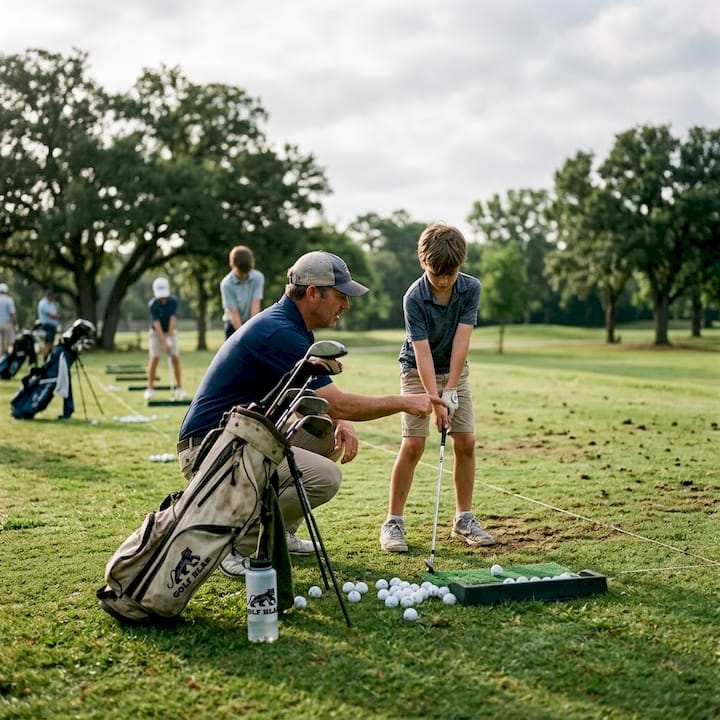 Golf coach teaching swing at driving range