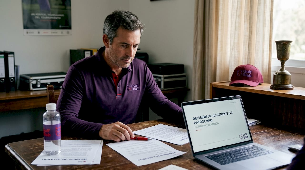 Jugador de golf revisando las propuestas de patrocinio para su próxima temporada.