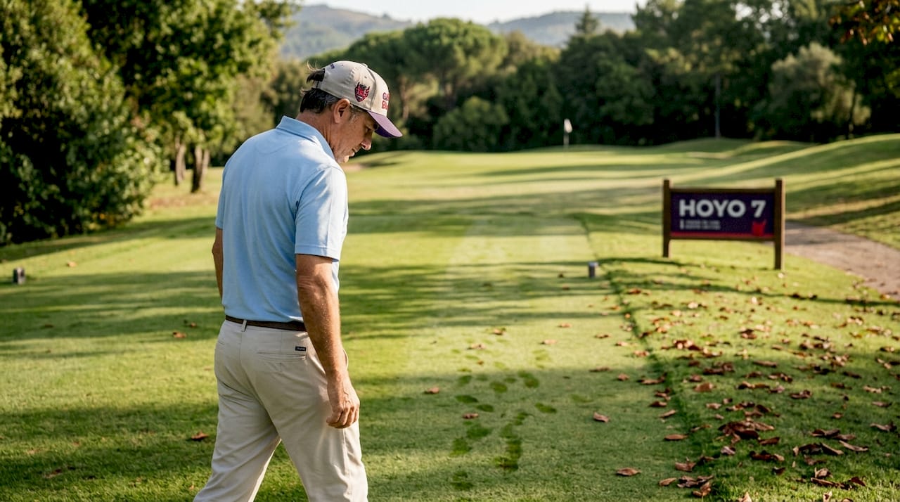 Un golfista observa el recorrido con admiración y cuidado, mostrando respeto por cada detalle del campo.
