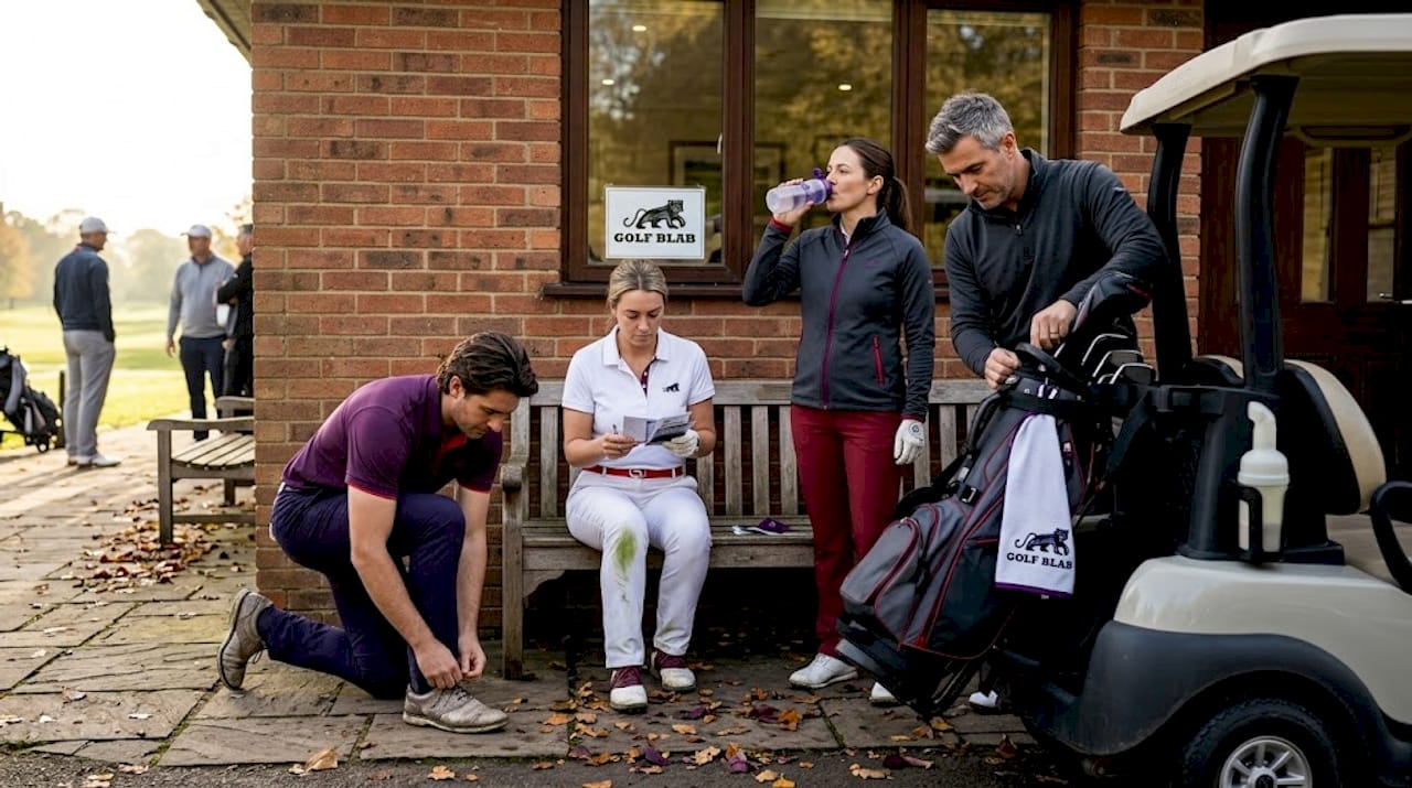 Golfers getting ready outside clubhouse