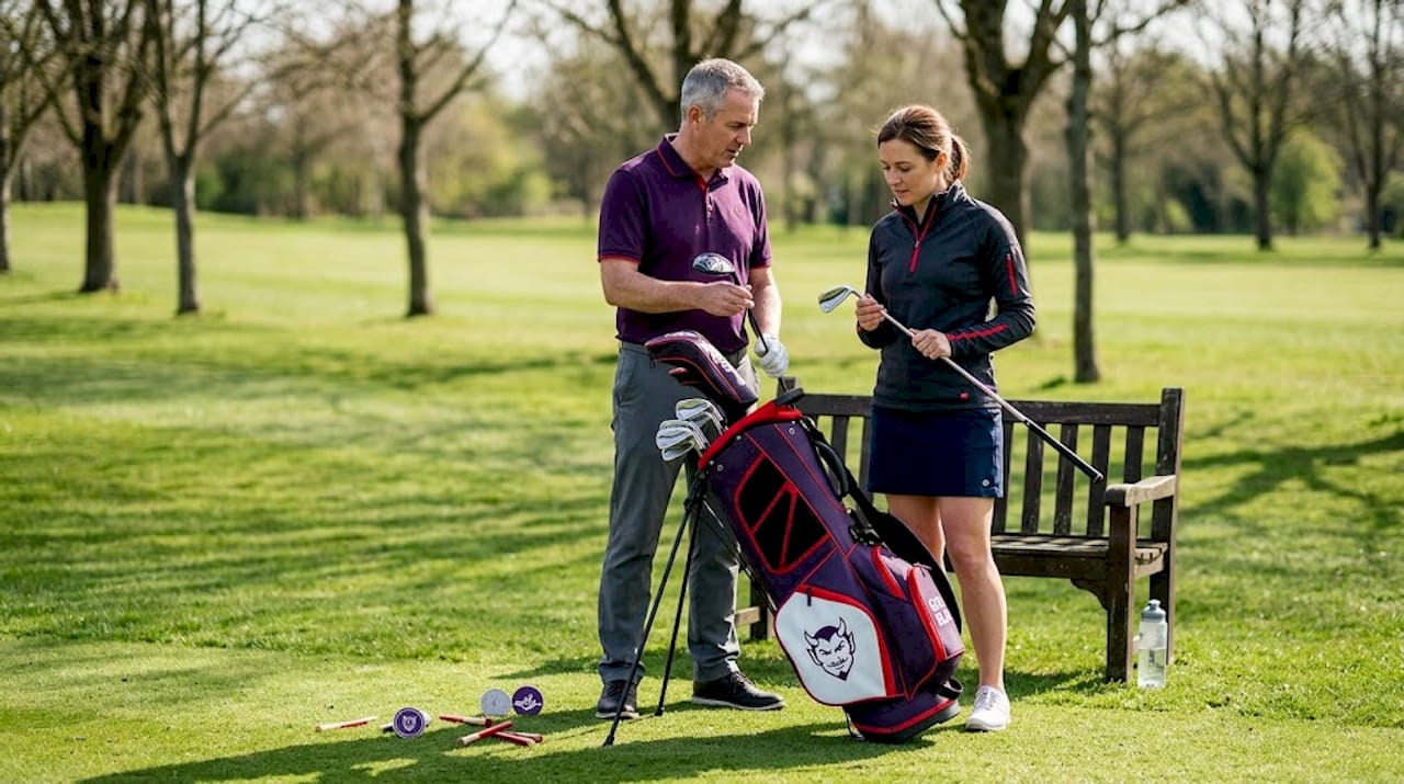 Un grupo de golfistas revisa y comenta sus palos sobre el césped, comparando cuál les resulta más cómodo o efectivo.