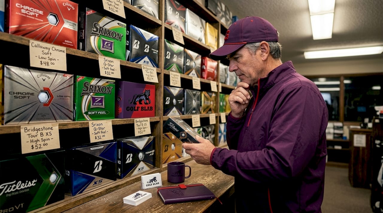 Golfer choosing golf balls in pro shop