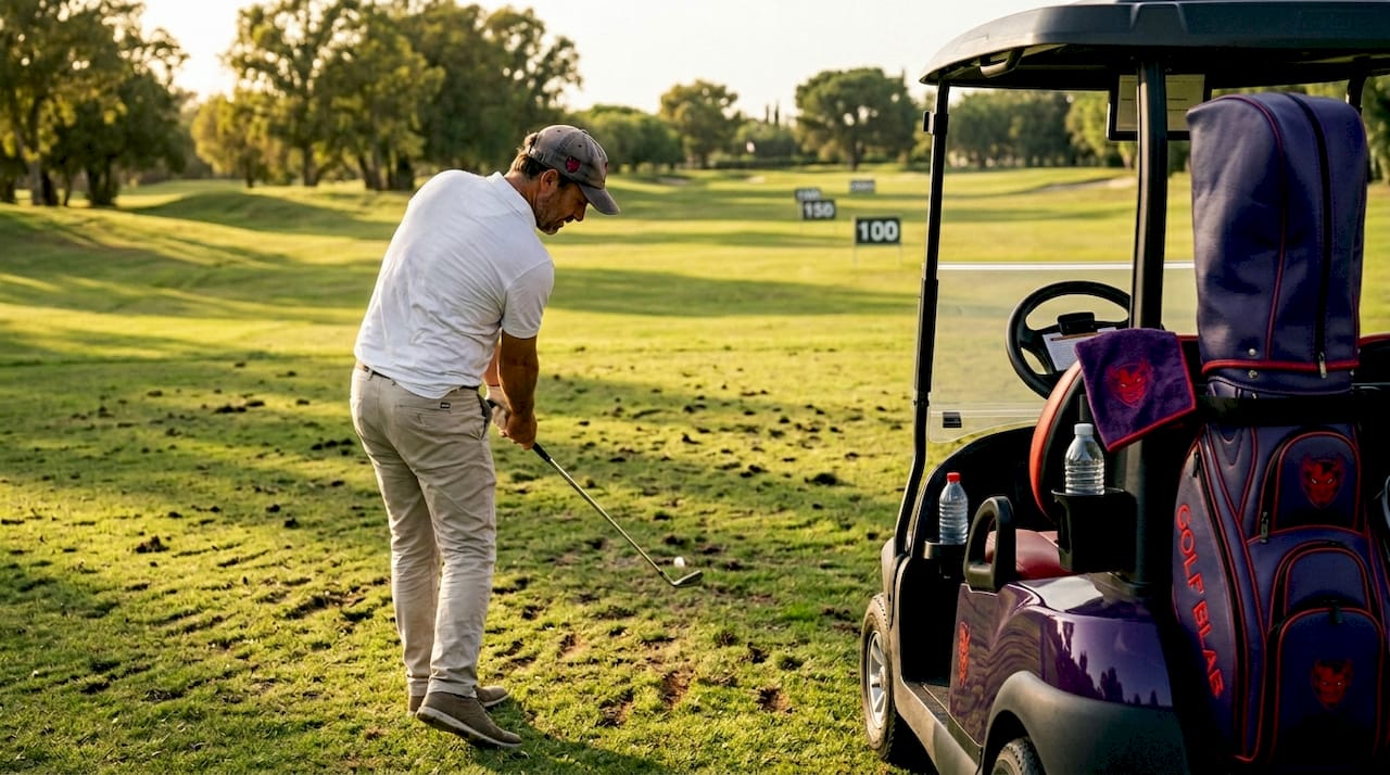 Un hombre practica su swing en un campo de golf profesional.