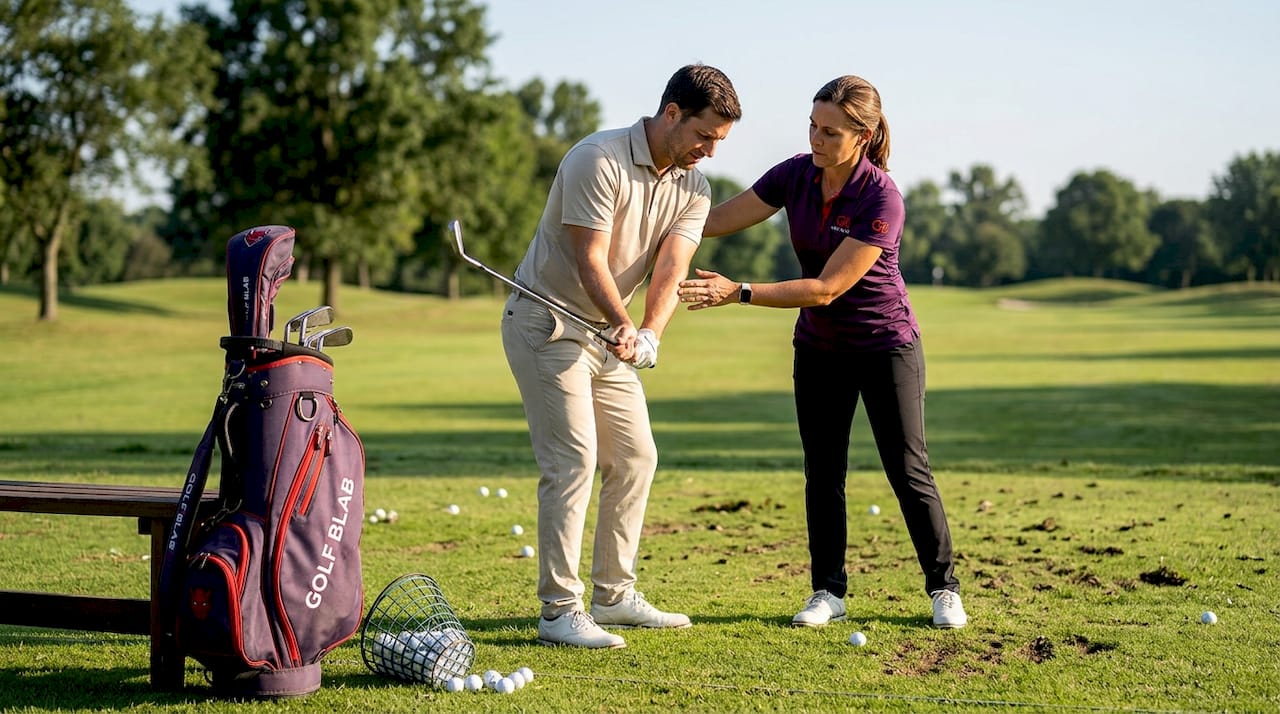 Un principiante practica su primer swing en el campo de golf