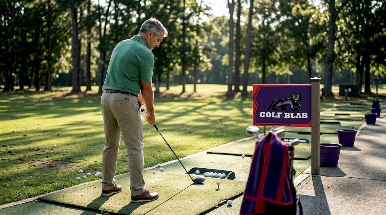 Golfer practicing swing at driving range
