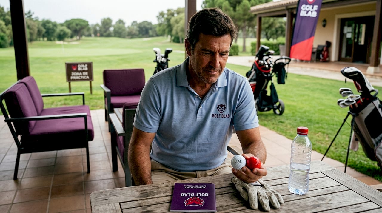 Jugador de golf examinando sus bolas de golf personalizadas