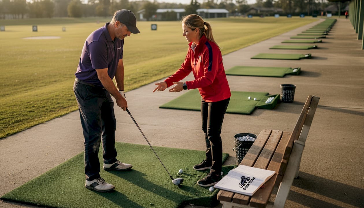 Golf instructor coaching adult player at range
