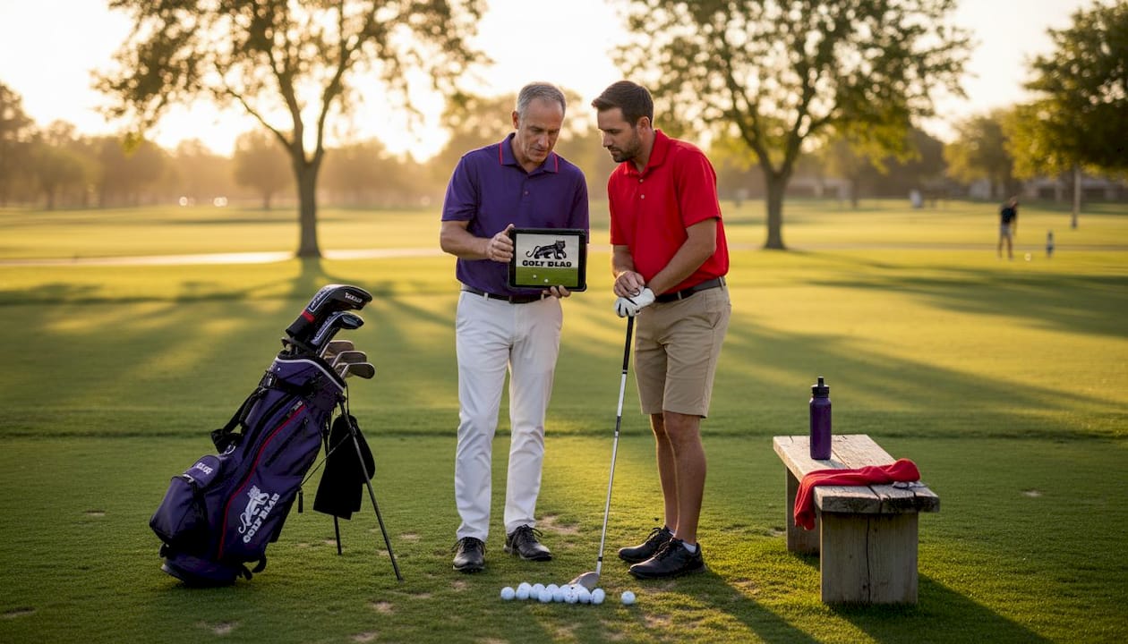 Golf coach and student viewing swing video on course