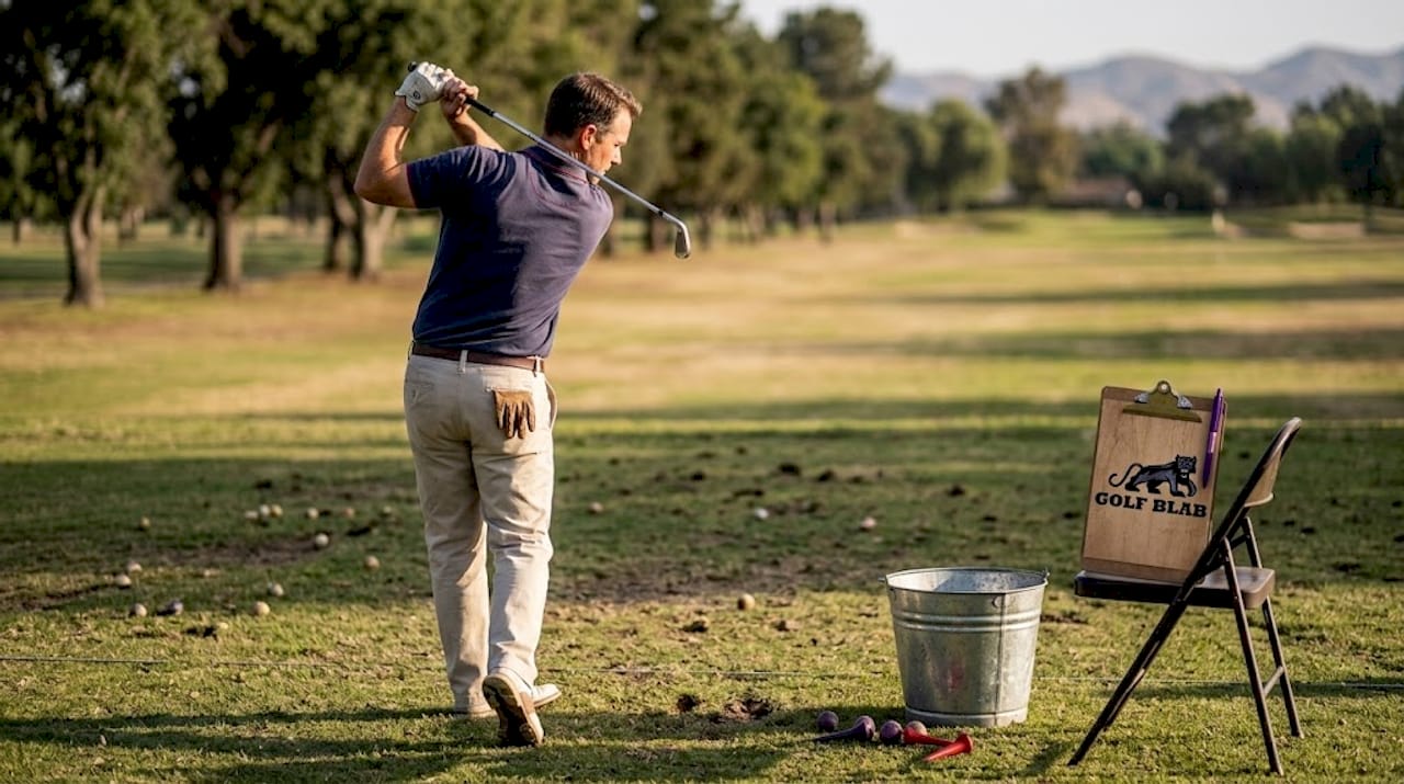 Golfer practicing backswing on tee area