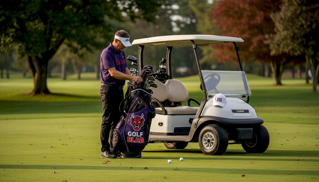 Un jugador aficionado de golf revisa cuidadosamente su equipo antes de comenzar la partida en el campo.