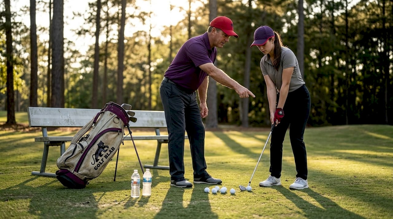Instructor coaching golf student outdoors