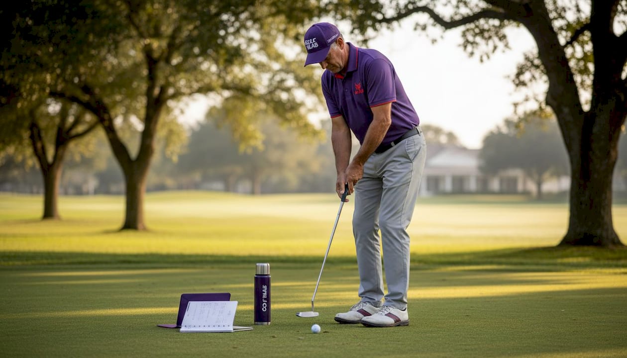 Golfista concentrado en preparar su golpe en el green, revisando sus apuntes para asegurarse de acertar el putt.