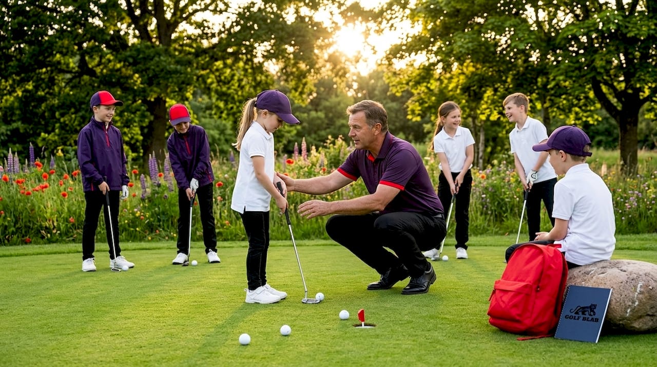 Kids practicing golf on sunny park green