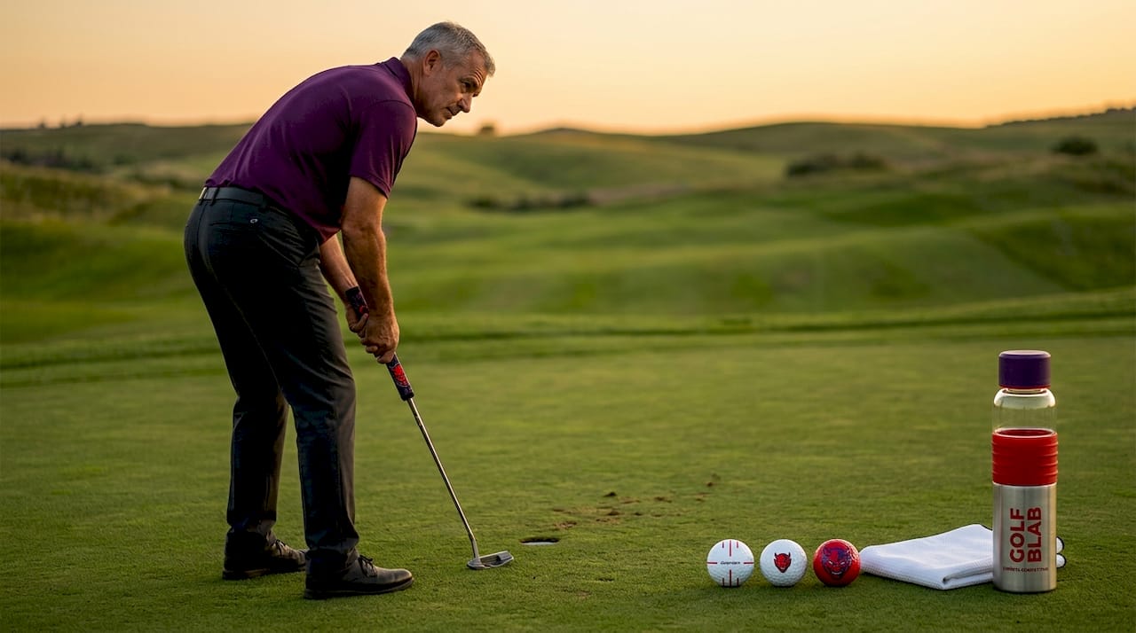 Un jugador de golf se prepara para ejecutar su putt, concentrado en el green mientras alinea cuidadosamente el golpe.