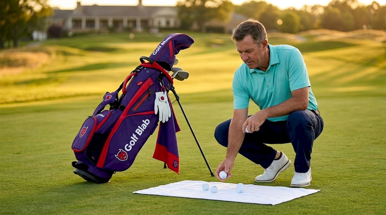 Un golfista selecciona las bolas con las que va a jugar sobre el green.