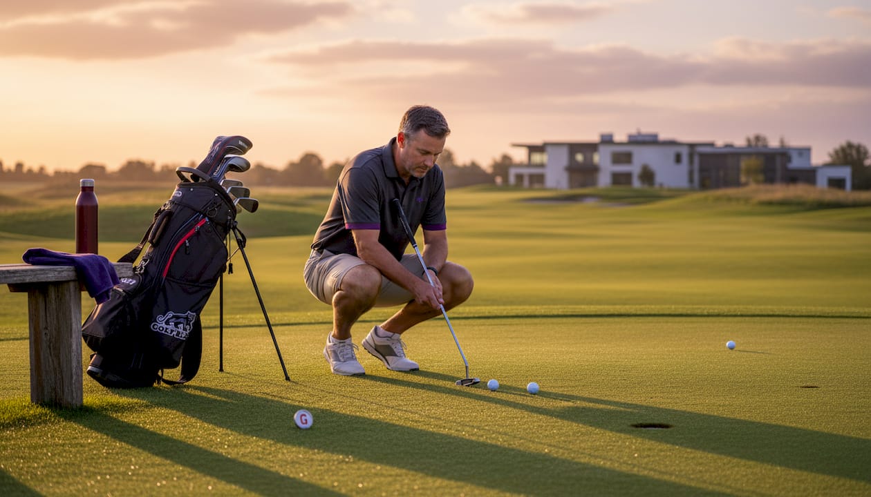 Golfer reading short putt on practice green