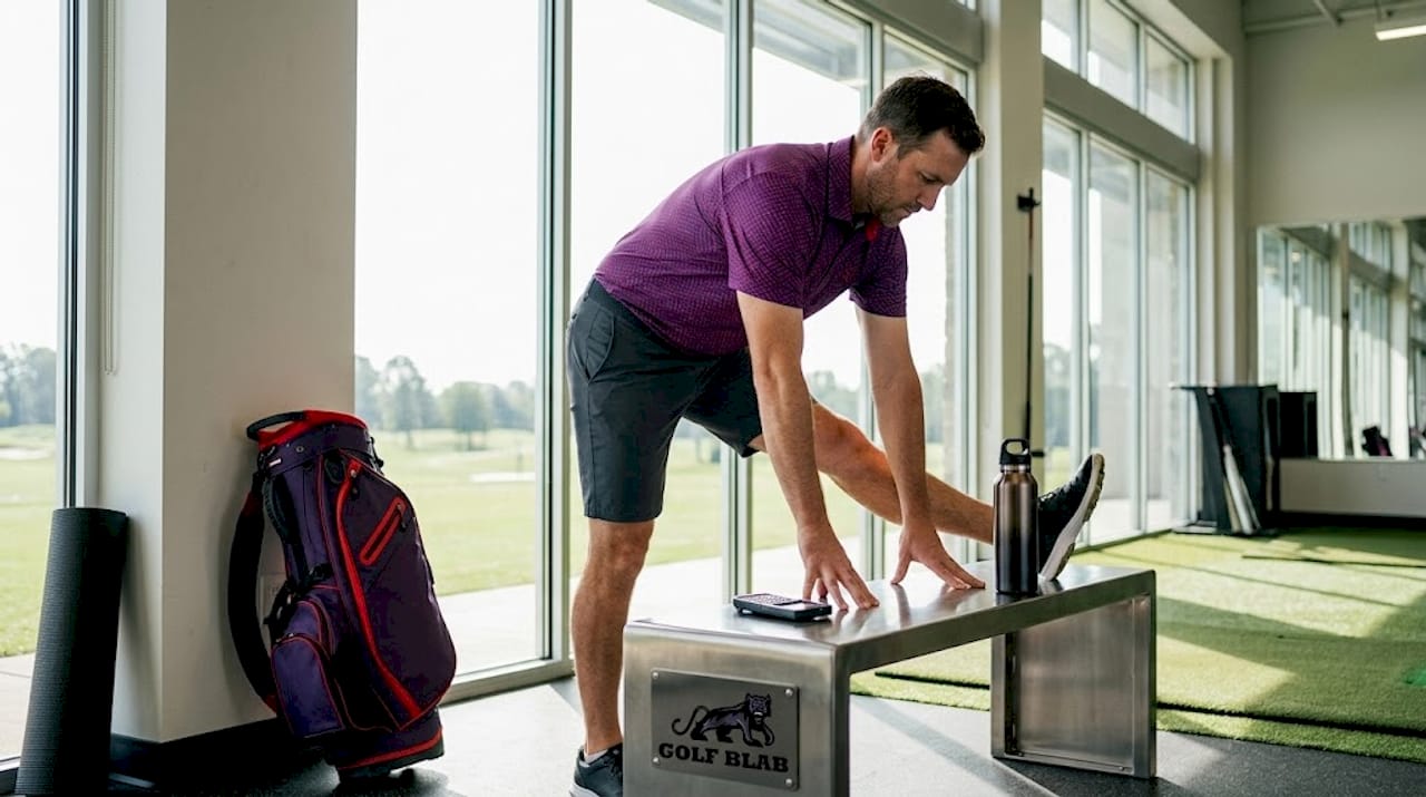 Golfer stretching in locker room before round